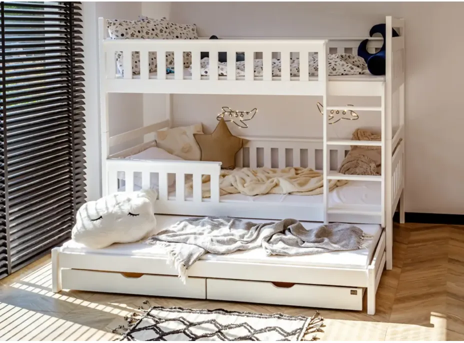 Detská poschodová posteľ z masívu KRISTIÁN s prístelkou a šuplíky - 200x90 cm - BIELA