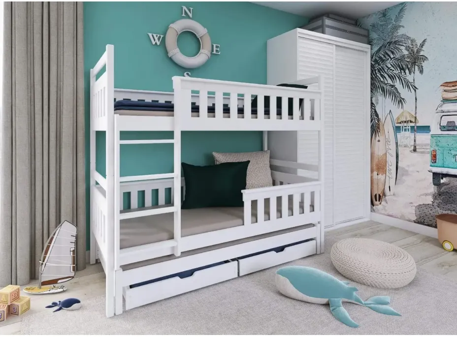 Detská poschodová posteľ z masívu KRISTIÁN s prístelkou a šuplíky - 200x90 cm - BIELA