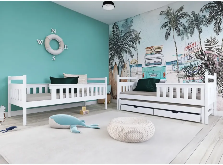 Detská poschodová posteľ z masívu KRISTIÁN s prístelkou a šuplíky - 200x90 cm - BIELA