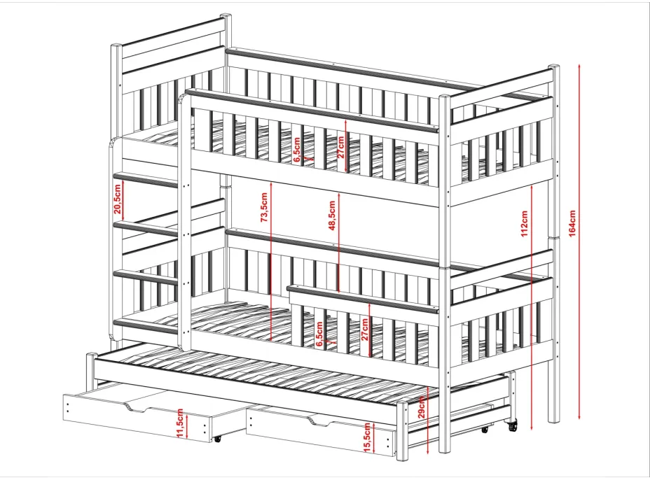 Detská poschodová posteľ z masívu KRISTIÁN s prístelkou a šuplíky - 200x90 cm - BIELA