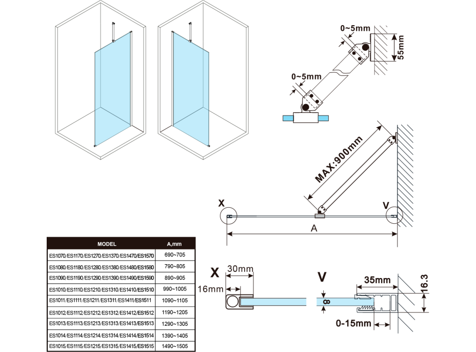 Polysan ESCA BLACK MATT jednodielna sprchová zástena na inštaláciu k stene, dymové matné sklo, 1000 mm ES1410-02