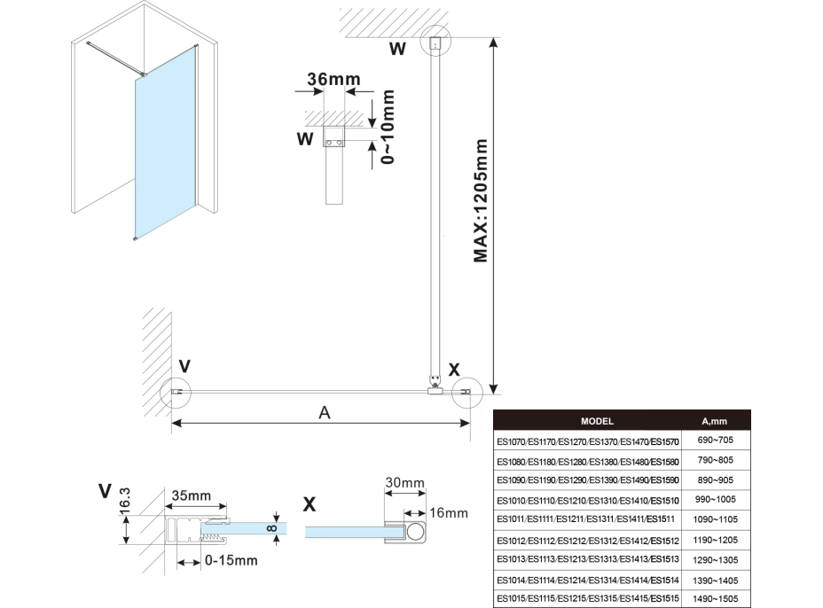 Polysan ESCA BLACK MATT jednodielna sprchová zástena na inštaláciu k stene, dymové matné sklo, 1000 mm ES1410-02