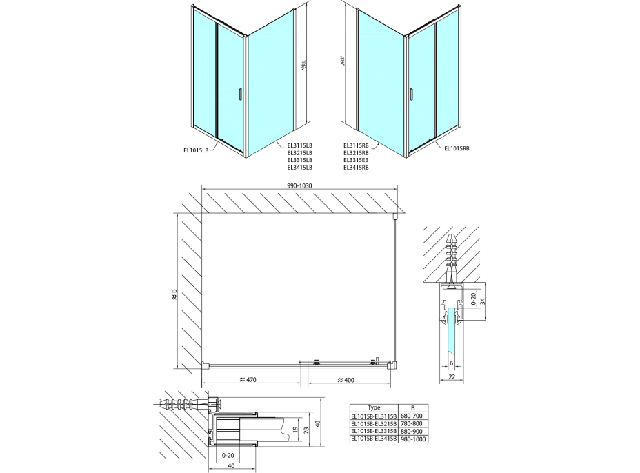 Polysan EASY BLACK obdĺžnikový sprchovací kút 1000x800mm, číre sklo L/P variant EL1015B-02