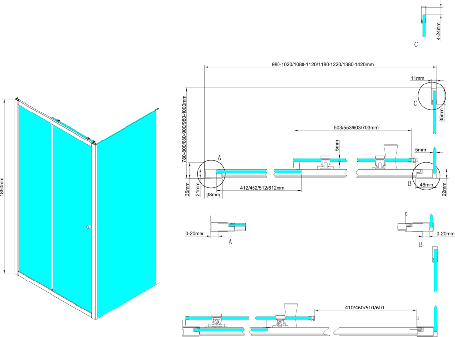 Aqualine UGGA obdĺžnikový sprchovací kút 1200x800mm, číre sklo ATS120-01