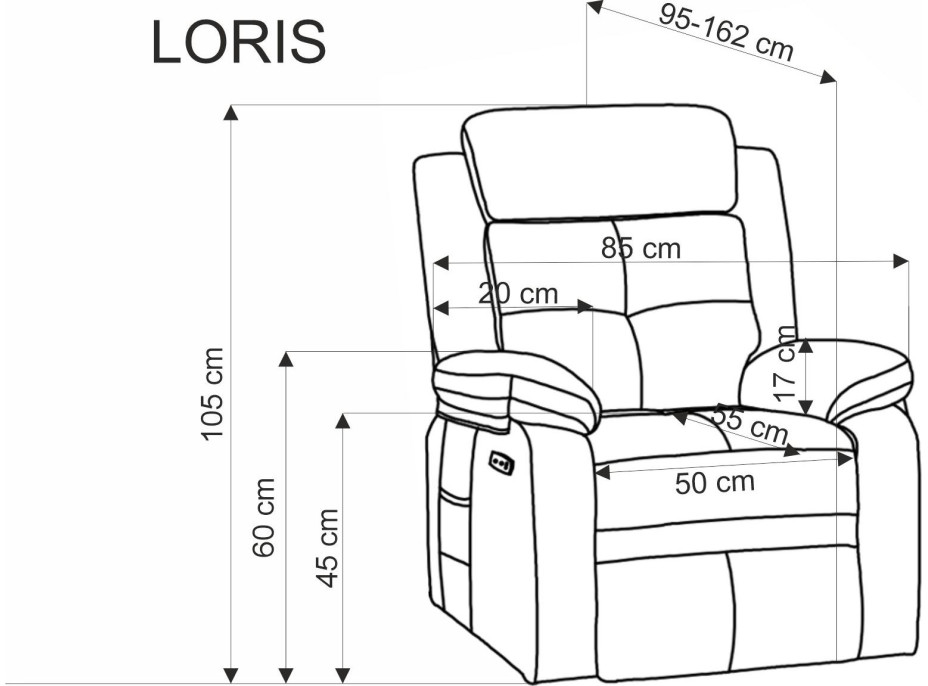 Elektrické polohovacie kreslo LORIS - čalúnené látkou - popolavo šedé