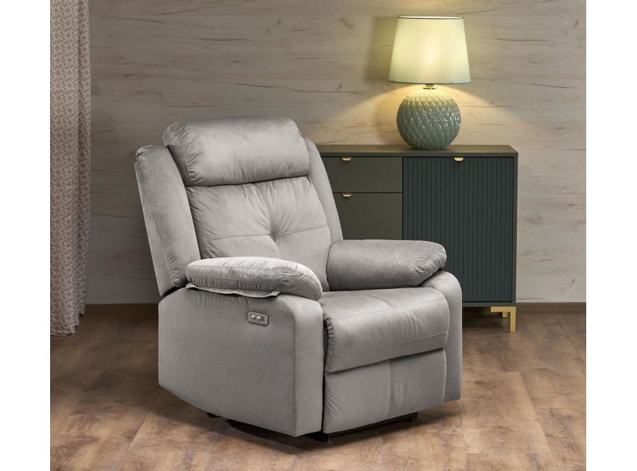 Elektrické polohovacie kreslo LORIS - čalúnené látkou - popolavo šedé