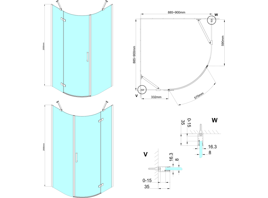 Gelco TRINITY BLACK štvrťkruhový sprchovací kút 900x900mm, matné sklo, pravé GT6590MR-B