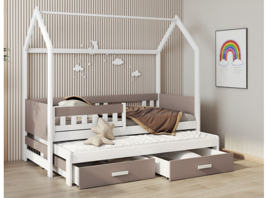 Detská domčeková posteľ z masívu borovice JASPER so šuplíkmi a prístelkou - 180x80 cm - biela/trufel