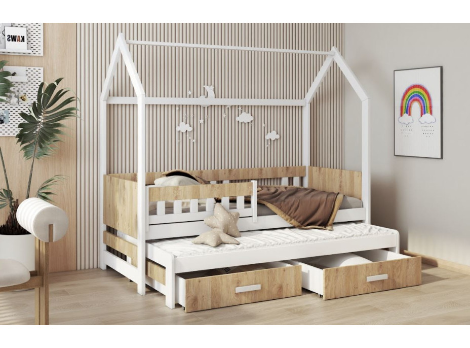 Detská domčeková posteľ z masívu borovice JASPER so šuplíkmi a prístelkou - 180x80 cm - biela/dub shetland