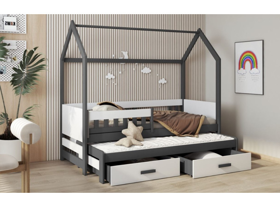 Detská domčeková posteľ z masívu borovice JASPER so šuplíkmi a prístelkou - 180x80 cm - grafit/biela