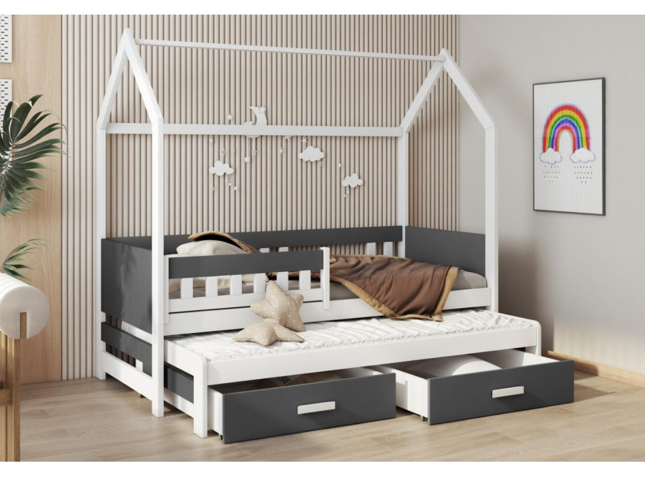 Detská domčeková posteľ z masívu borovice JASPER so šuplíkmi a prístelkou - 180x80 cm - biela/antracit