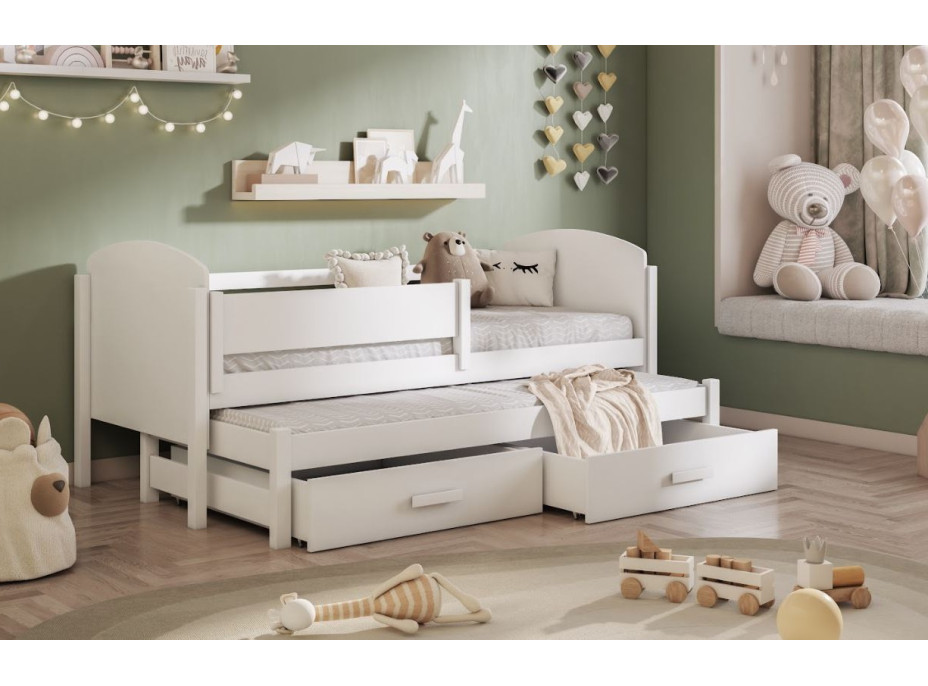 Detská posteľ z masívu borovice OWEN s prístelkou a šuplíky - 180x80 cm - biela