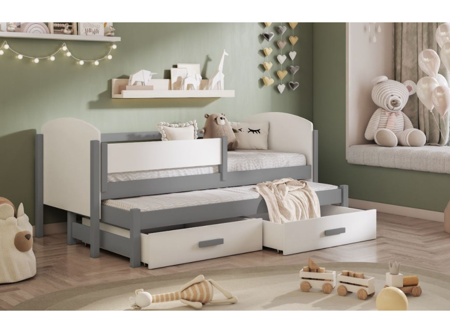 Detská posteľ z masívu borovice OWEN s prístelkou a šuplíky - 180x80 cm - šedá/biela