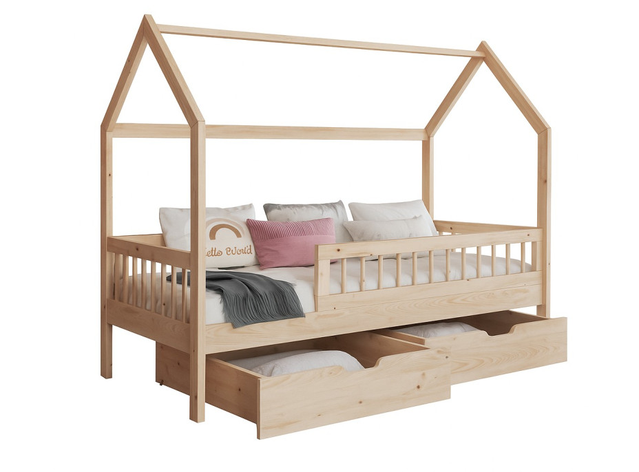 Detská domčeková posteľ z masívu borovice GAJA so šuplíkmi - 200x90 cm - prírodná borovica