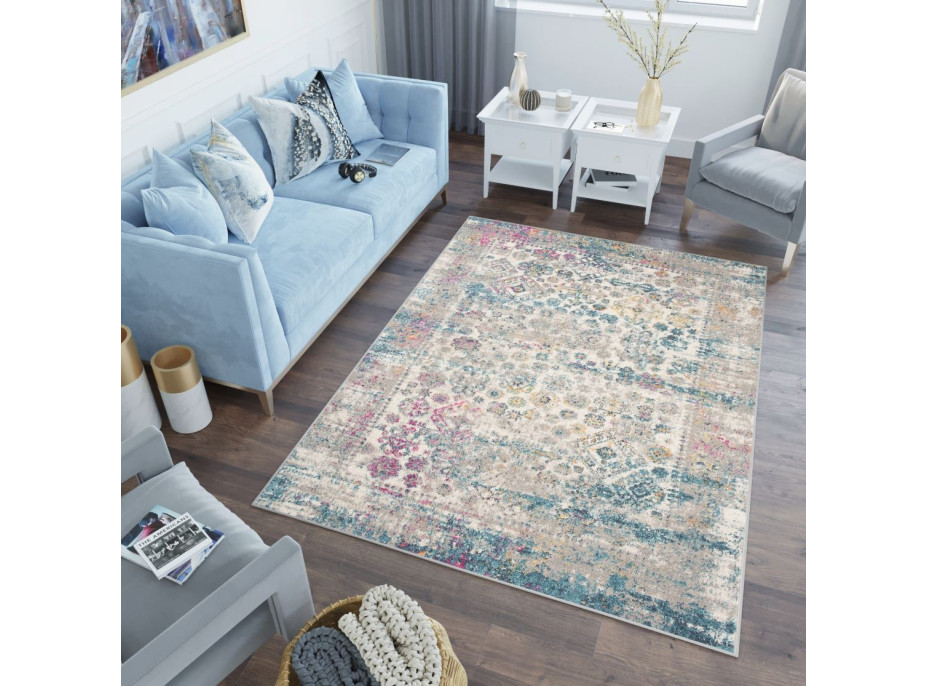 Kusový koberec AZUR vintage - šedý/ružový/modrý, 60x100 cm