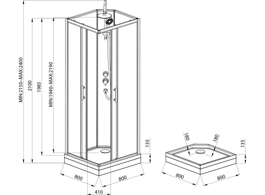 Aqualine GRANVIK štvorcový sprchový box 800x800x2180mm, číre sklo GG80X80