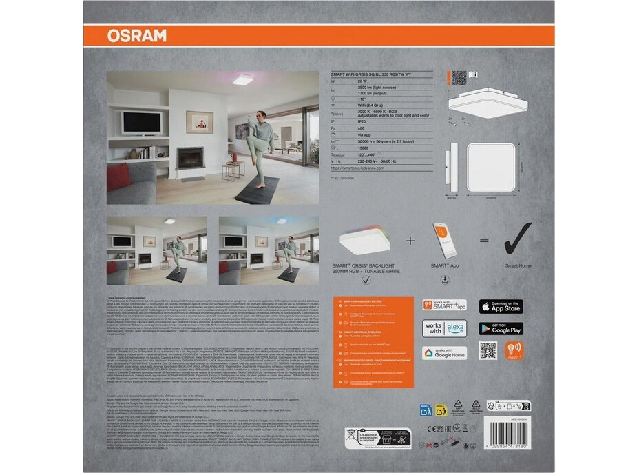 OSRAM ORBIS BACKLIGHT stropné svietidlo, 350x350mm, WIFI RGB+stmievateľné, OSRAM, 2800lm, 28W, IP20, biela AC314090255