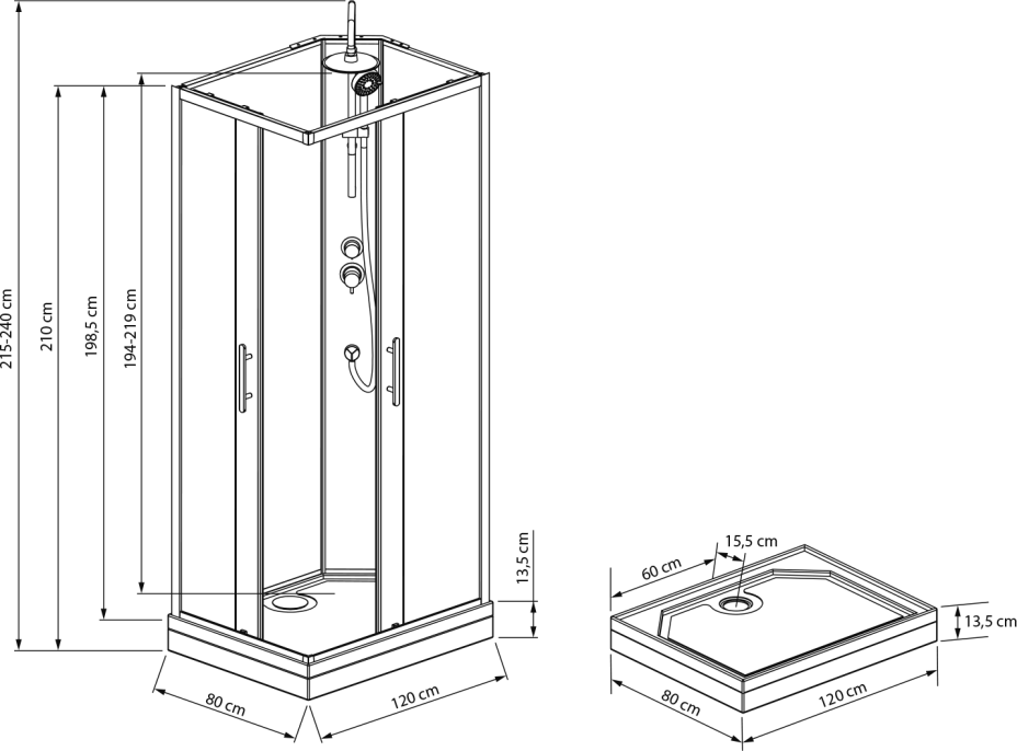 Aqualine GRANVIK obdĺžnikový sprchový box 800x1200x2180mm, číre sklo GG80X120