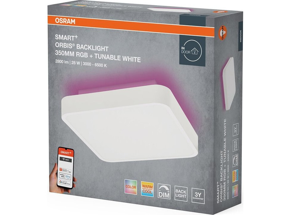 OSRAM ORBIS BACKLIGHT stropné svietidlo, 350x350mm, WIFI RGB+stmievateľné, OSRAM, 2800lm, 28W, IP20, biela AC314090255