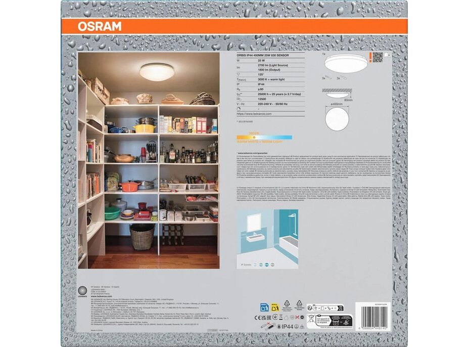 OSRAM ORBIS kúpeľňové stropné svietidlo, ø 400mm, senzor, OSRAM, 2700lm, 25W, IP44 AC36061022M