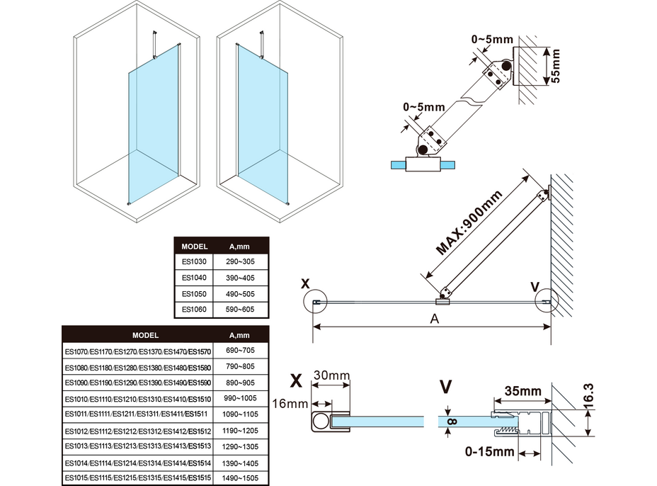 Polysan ESCA COPPER MATT jednodielna sprchová zástena na inštaláciu k stene, sklo číre, 500 mm ES1050-09