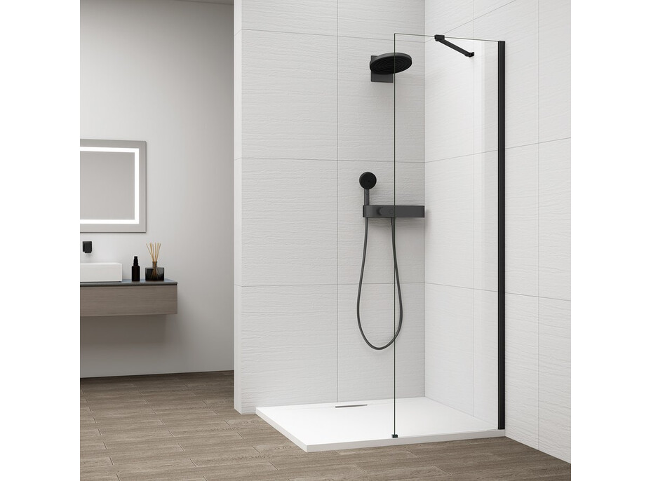 Polysan ESCA BLACK MATT jednodielna sprchová zástena na inštaláciu k stene, sklo číre, 300 mm ES1030-02