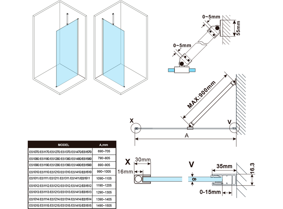 Polysan ESCA GOLD MATT jednodielna sprchová zástena na inštaláciu k stene, dymové matné sklo, 1000 mm ES1410-04