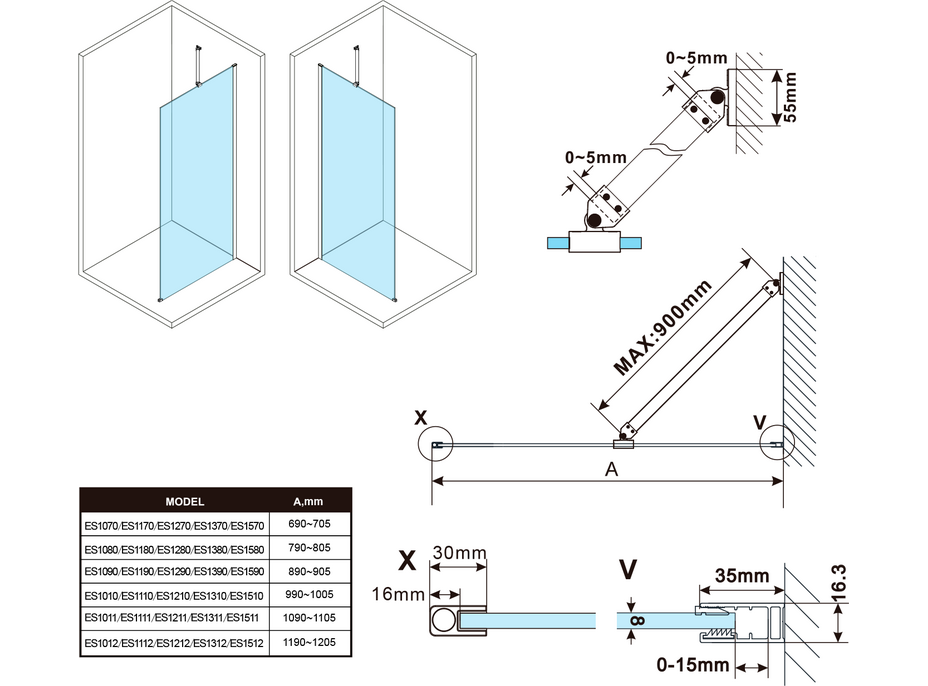 Polysan ESCA GUN METAL jednodielna sprchová zástena na inštaláciu k stene, dymové sklo, 700 mm ES1270-11