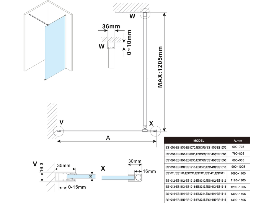 Polysan ESCA GOLD MATT jednodielna sprchová zástena na inštaláciu k stene, dymové matné sklo, 1300 mm ES1413-04