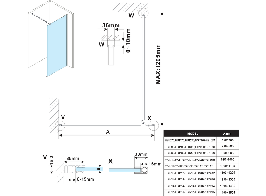 Polysan ESCA GUN METAL jednodielna sprchová zástena na inštaláciu k stene, dymové matné sklo, 1200 mm ES1412-11