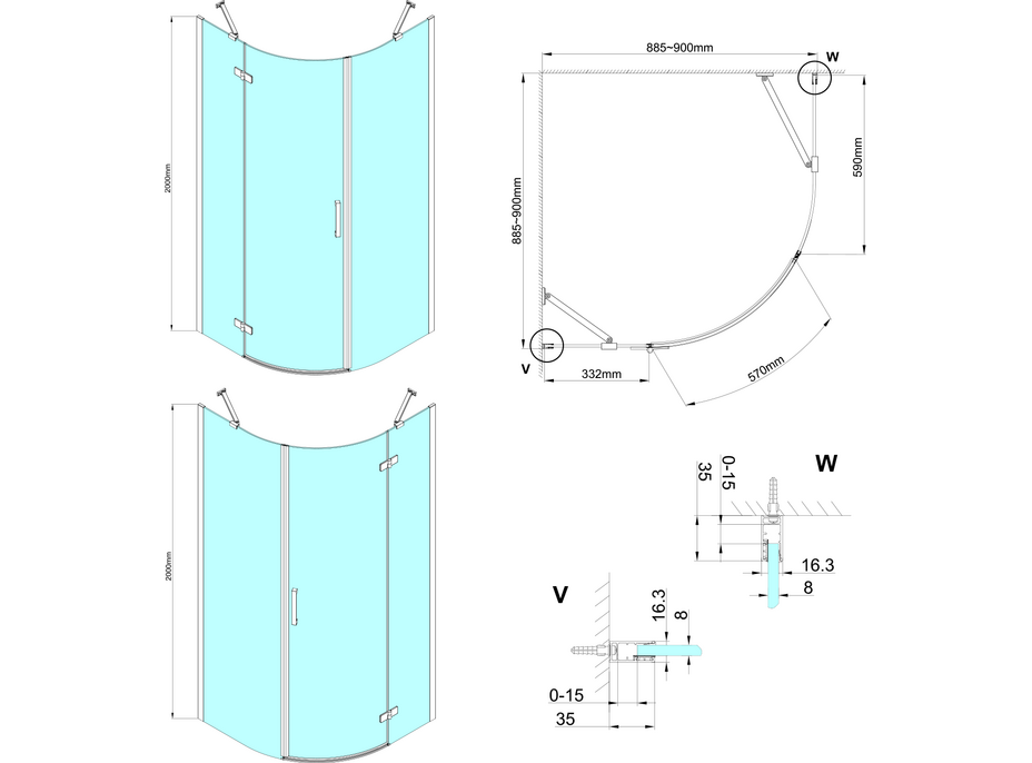 Gelco TRINITY BLACK štvrťkruhový sprchovací kút 900x900mm, číre sklo, ľavé GT6590CL-B