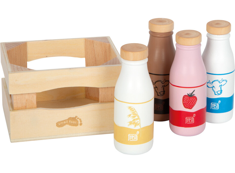 small foot Drevená prepravka s mliečnymi nápojmi