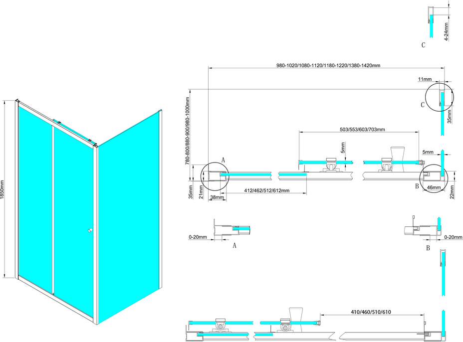 Aqualine UGGA obdĺžnikový sprchovací kút 1000x900mm, sklo Brick, biela AWS100-02