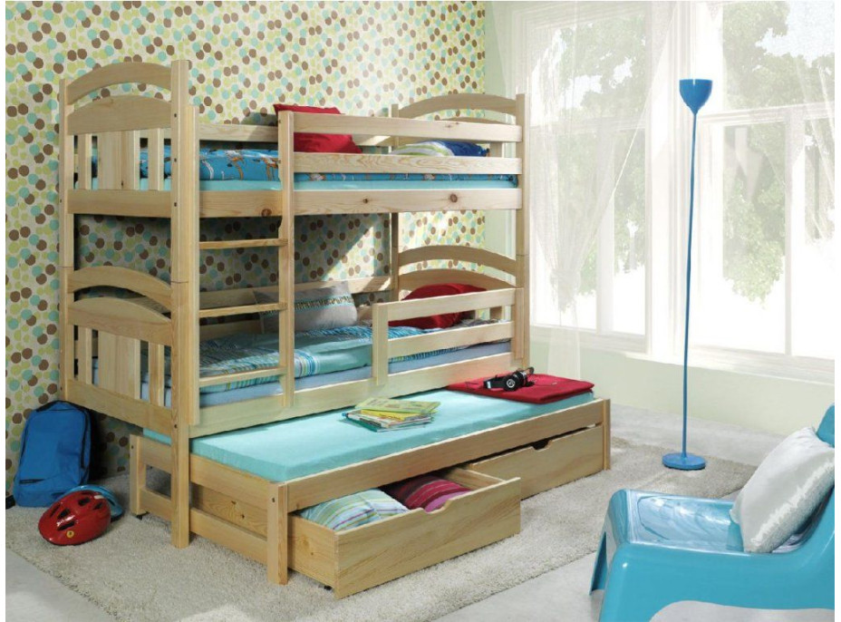 Detská poschodová posteľ s výsuvnou prístelkou z MASÍVU bez šuplíku - PV006