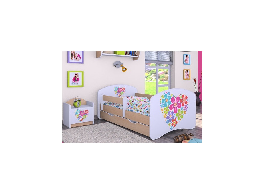 Detská posteľ so zásuvkou 180x90cm KVETINKY V SRDIEČKU