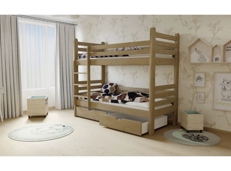 Detská poschodová posteľ z MASÍVU 180x80cm so zásuvkami - M07 morenie dub