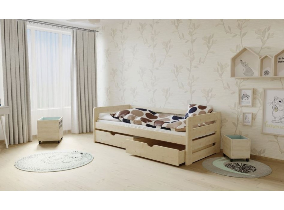 Detská posteľ z masívu 200x90cm so zásuvkou - M02 bezfarebný lak