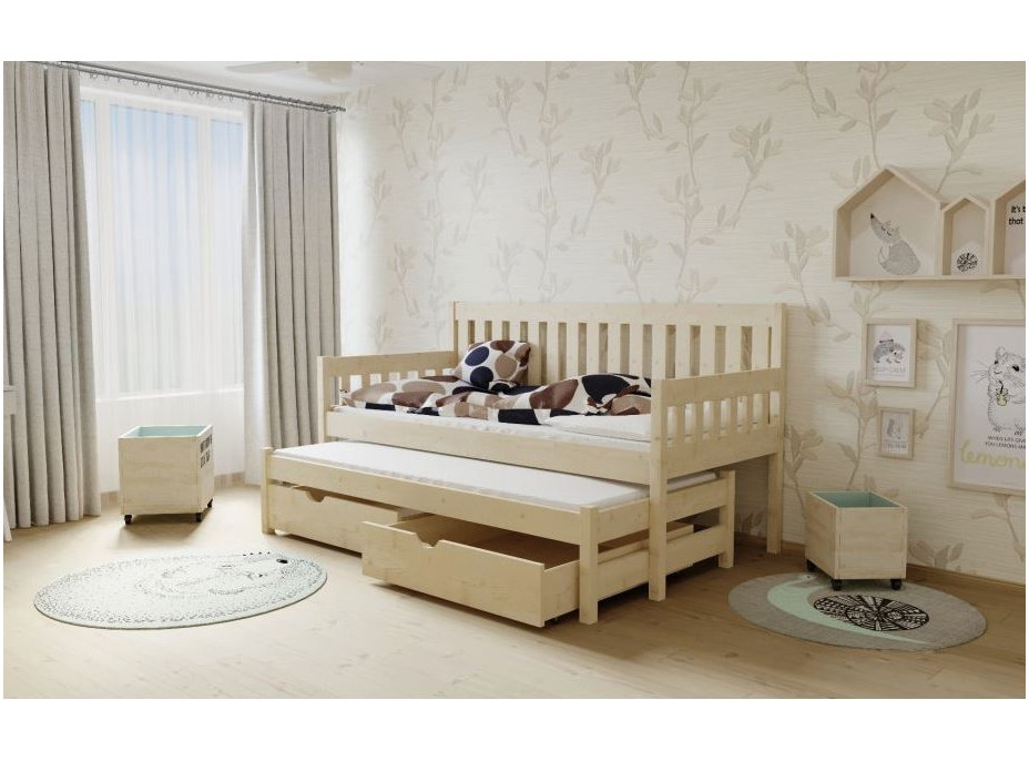 Detská posteľ s výsuvnou prístelkou z MASÍVU 180x80cm so zásuvkou - M06 bezfarebný lak