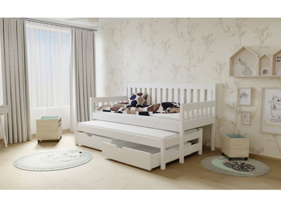 Detská posteľ s výsuvnou prístelkou z MASÍVU 180x80cm so zásuvkou - M06 biela