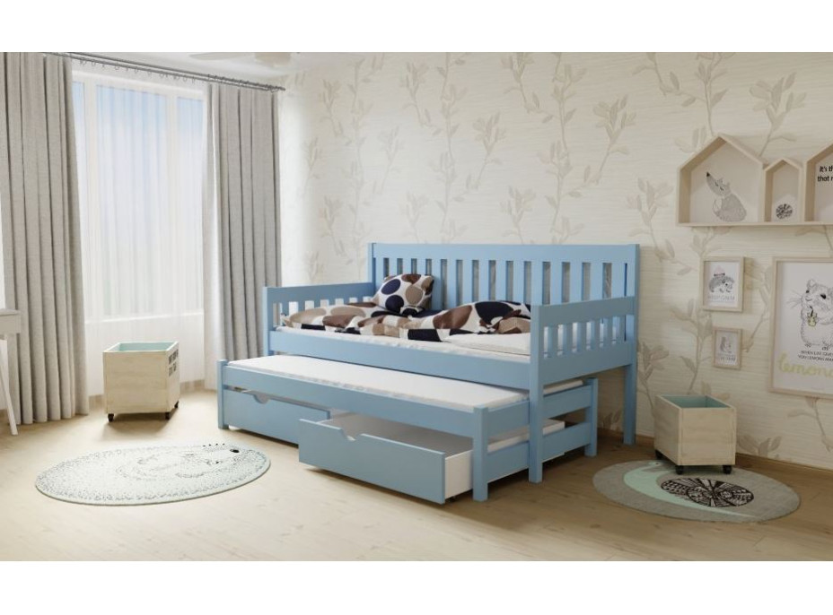 Detská posteľ s výsuvnou prístelkou z MASÍVU 200x90cm bez šuplíku - M06 modrá