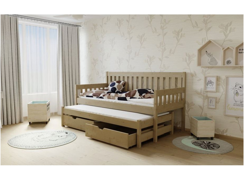 Detská posteľ s výsuvnou prístelkou z MASÍVU 180x80cm so zásuvkou - M06 morenie dub