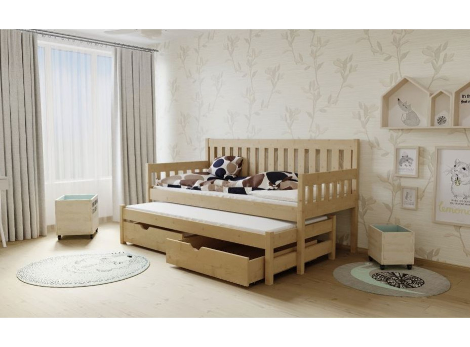 Detská posteľ s výsuvnou prístelkou z MASÍVU 180x80cm so zásuvkou - M06 jelša