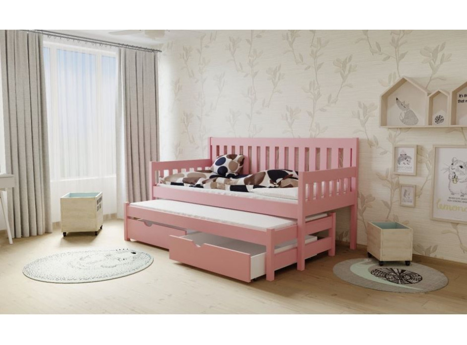 Detská posteľ s výsuvnou prístelkou z MASÍVU 200x90cm bez šuplíku - M06 ružová