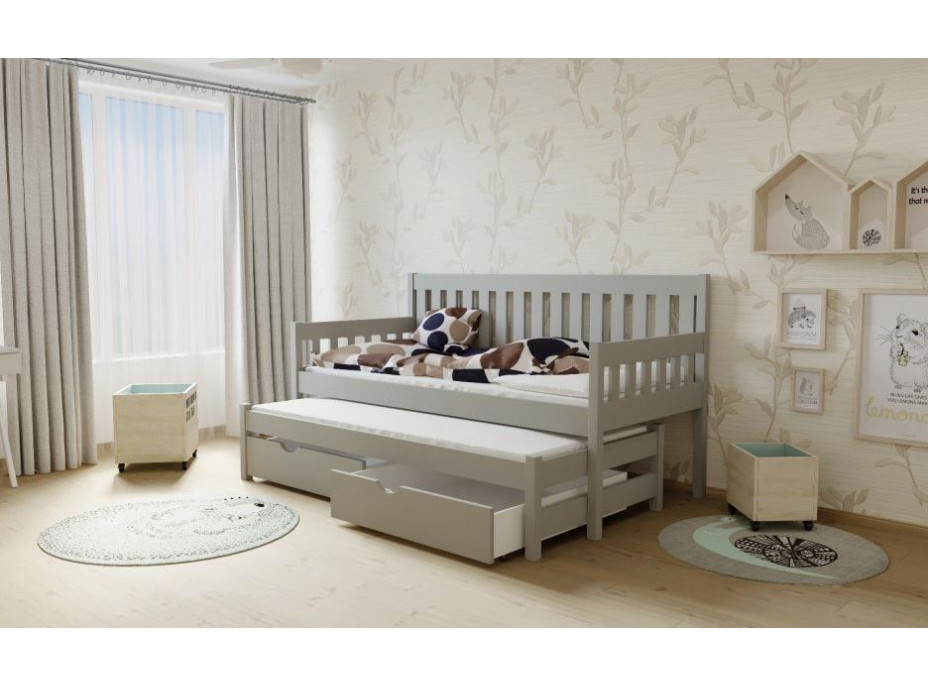 Detská posteľ s výsuvnou prístelkou z MASÍVU 200x90cm so zásuvkou - M06 šedá