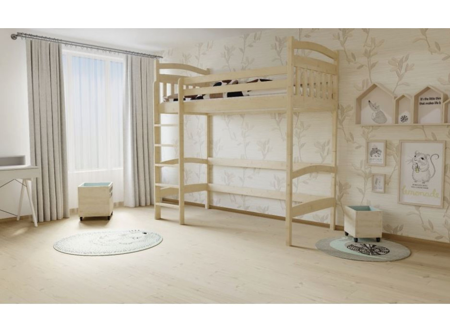 Vyvýšená detská posteľ z MASÍVU 180x80cm - M05 bezfarebný lak