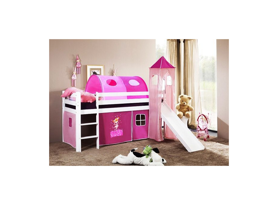 Detská vyvýšená posteľ so šmýkačkou DOMČEK ružový - BIELA