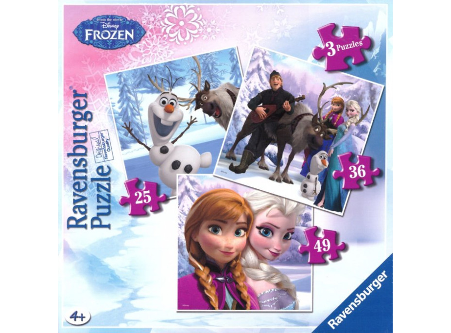 Puzzle Ľadové kráľovstvo: Anna, Elsa a priatelia 3v1 (25,36,49 dielikov)