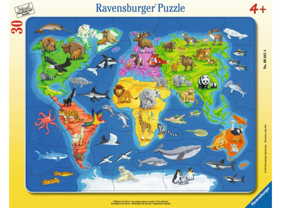 RAVENSBURGER Puzzle Mapa sveta so zvieratami 30 dielikov
