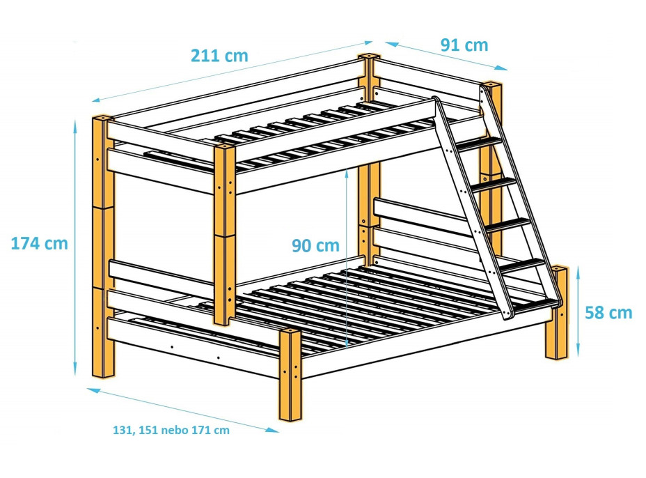 Rozmery poschodové postele s rozšíreným spodným lôžkom PAVLÍNA - rozmery