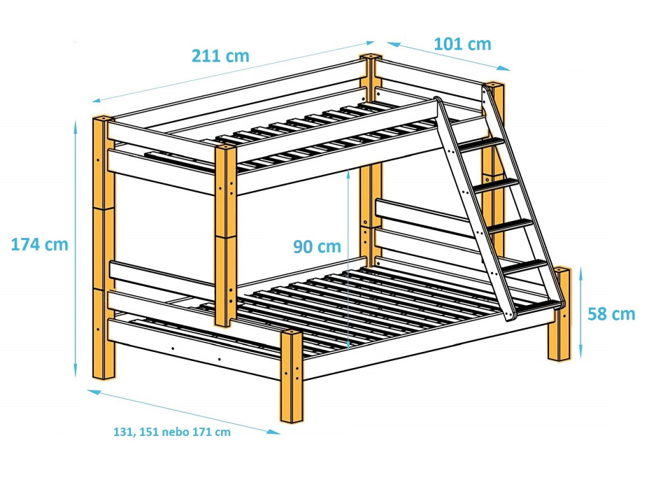 Rozmery detské poschodové postele s rozšíreným spodným lôžkom z masívu PAVLÍNA